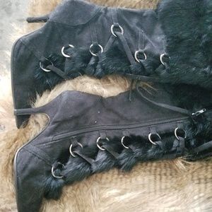 Womens knee high boots -Laceup , Black w fur